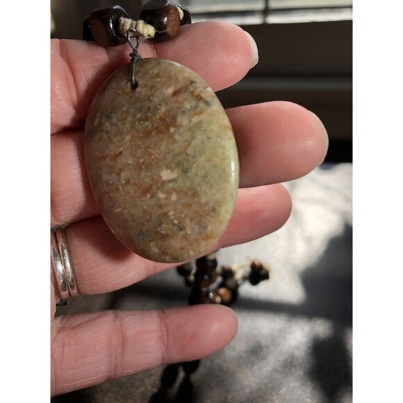 Autumn Jasper Stone Pendant Necklace w Square Wooden Beads Boho Handmade Hippie - Picture 7 of 16